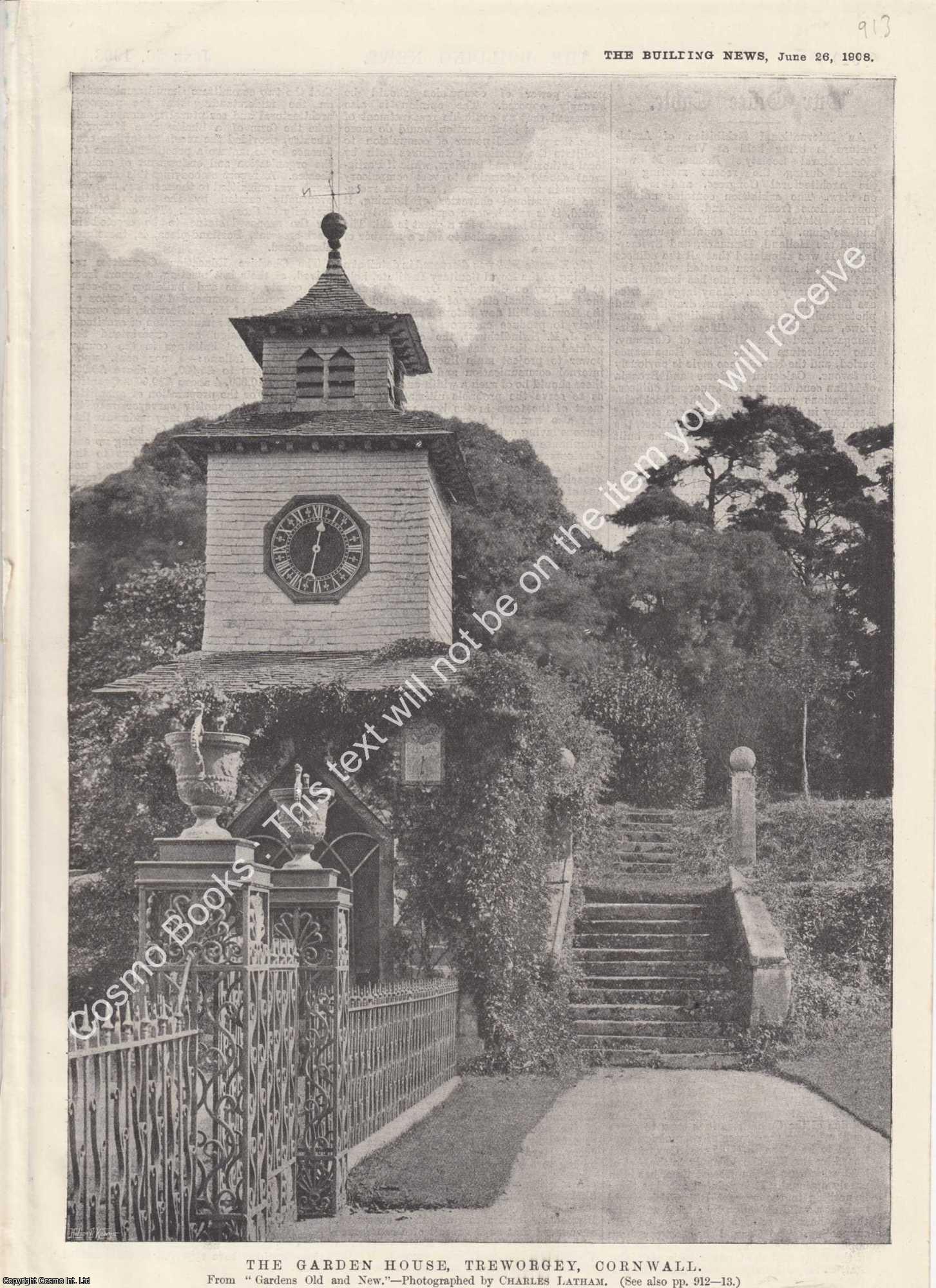 GARDEN HOUSE, CORNWALL - 1908 : The Garden House, Treworgey, Cornwall. An original page from The Building News & Engineering Journal.