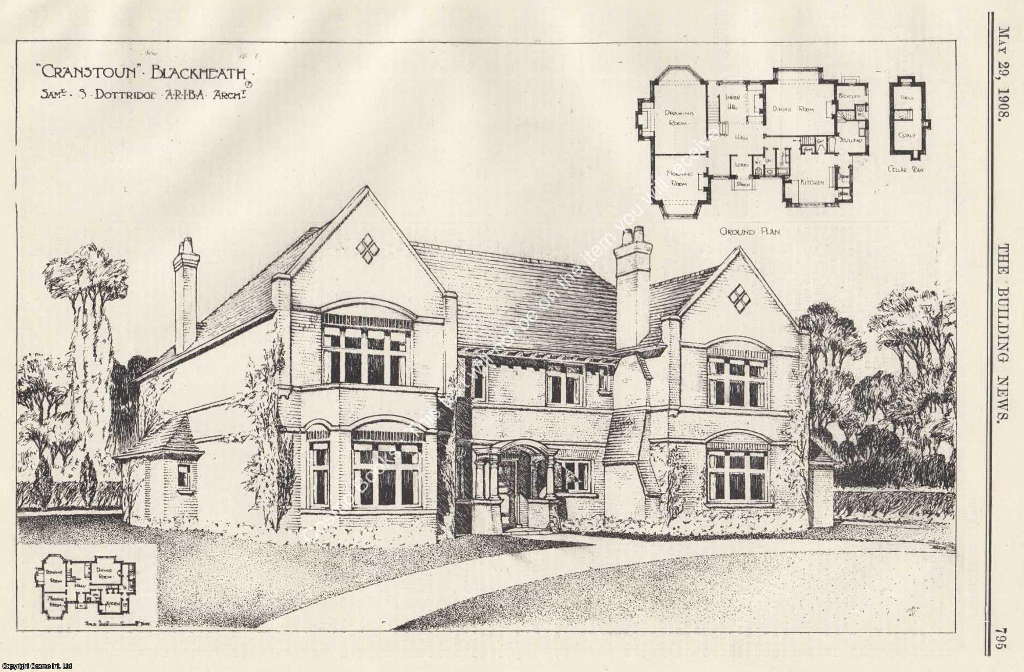 CRANSTOUN, BLACKHEATH - 1908 : Cranstoun, Blackheath. Sam S. Dottridge, Architect. An original page from The Building News & Engineering Journal.