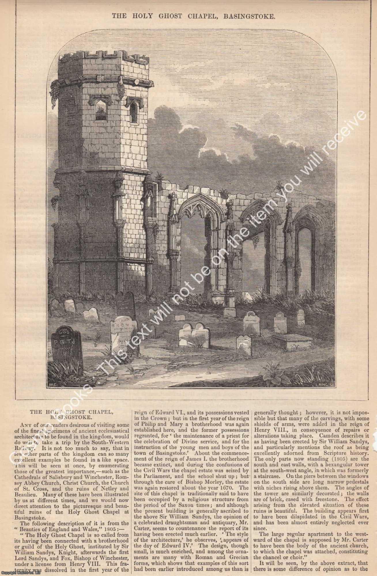 HOLY GHOST CHAPEL, BASINGSTOKE - 1850 : The Holy Ghost Chapel, Basingstoke. An original page from The Builder. An Illustrated Weekly Magazine, for the Architect, Engineer, Archaeologist, Constructor, & Art-Lover.