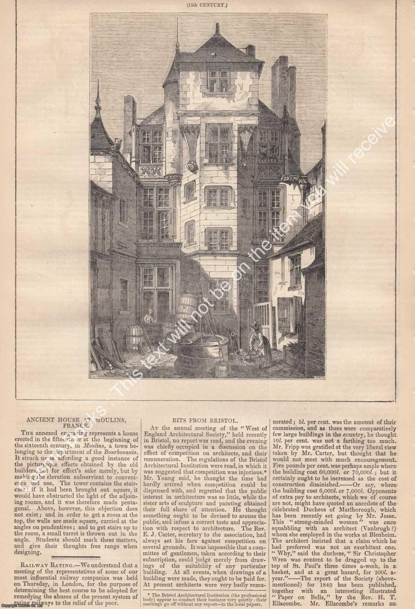 HOUSE AT MOULINS, FRANCE - 1850 : House at Moulins, France. An original page from The Builder. An Illustrated Weekly Magazine, for the Architect, Engineer, Archaeologist, Constructor, & Art-Lover.