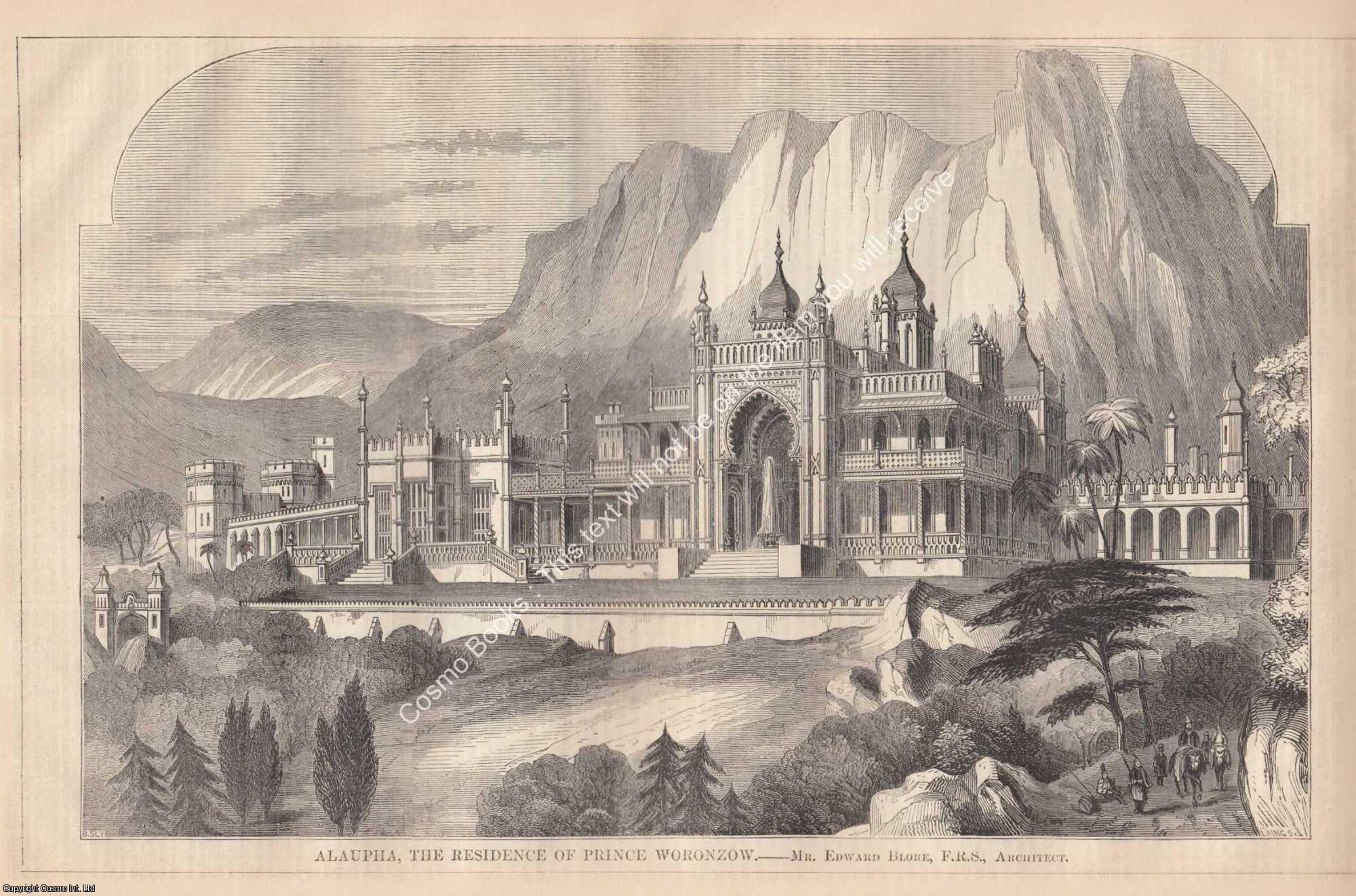 ALAUPHA, THE RESIDENCE OF PRINCE WORONZOW - 1850 : Alaupha, The Residence of Prince Woronzow. Edward Blore, Architect. An original page from The Builder. An Illustrated Weekly Magazine, for the Architect, Engineer, Archaeologist, Constructor, & Art-Lover.