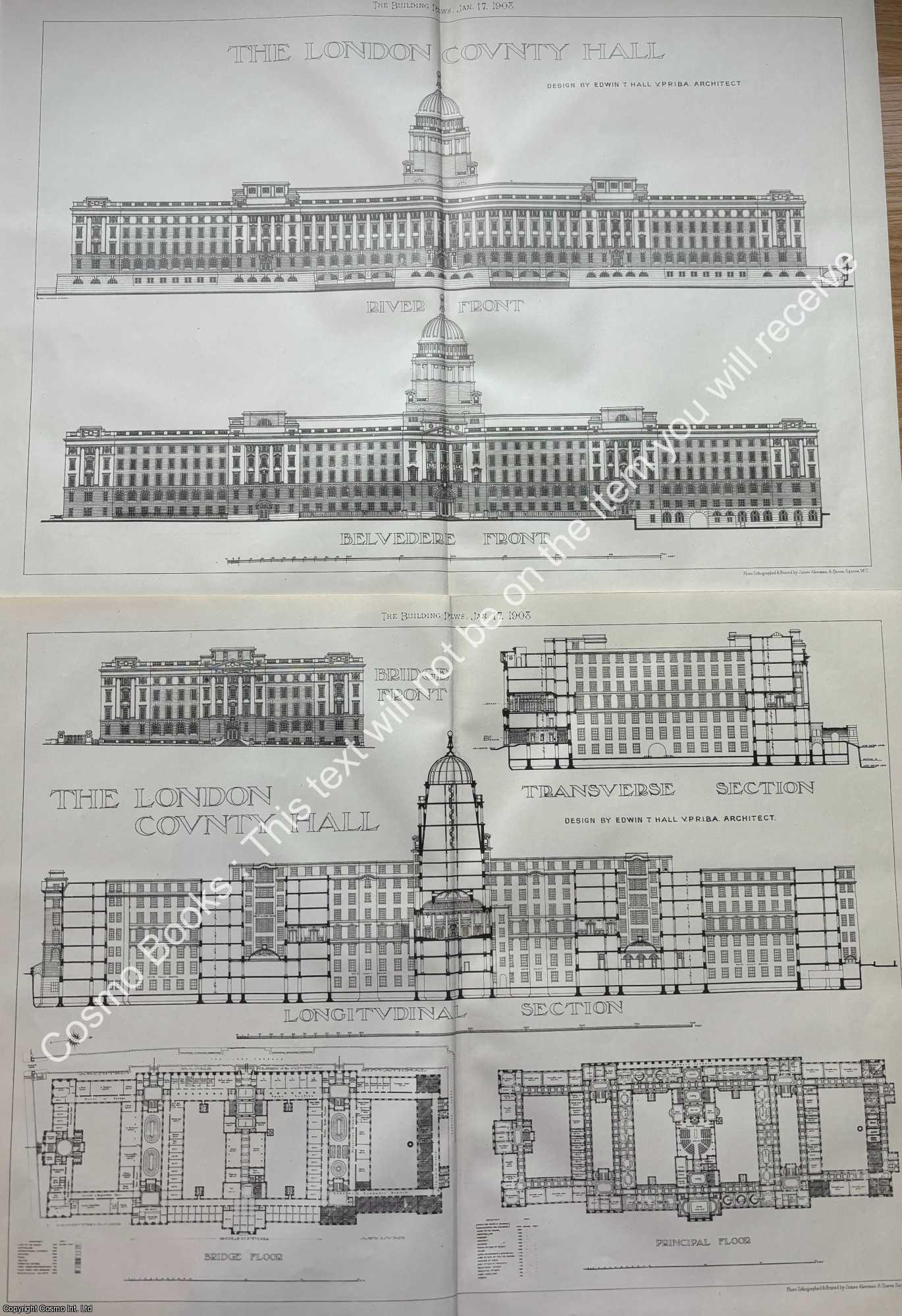 LONDON COUNTY HALL - 1908 : The London County Hall. Edwin T. Hall, Architect. An original page from The Building News & Engineering Journal.