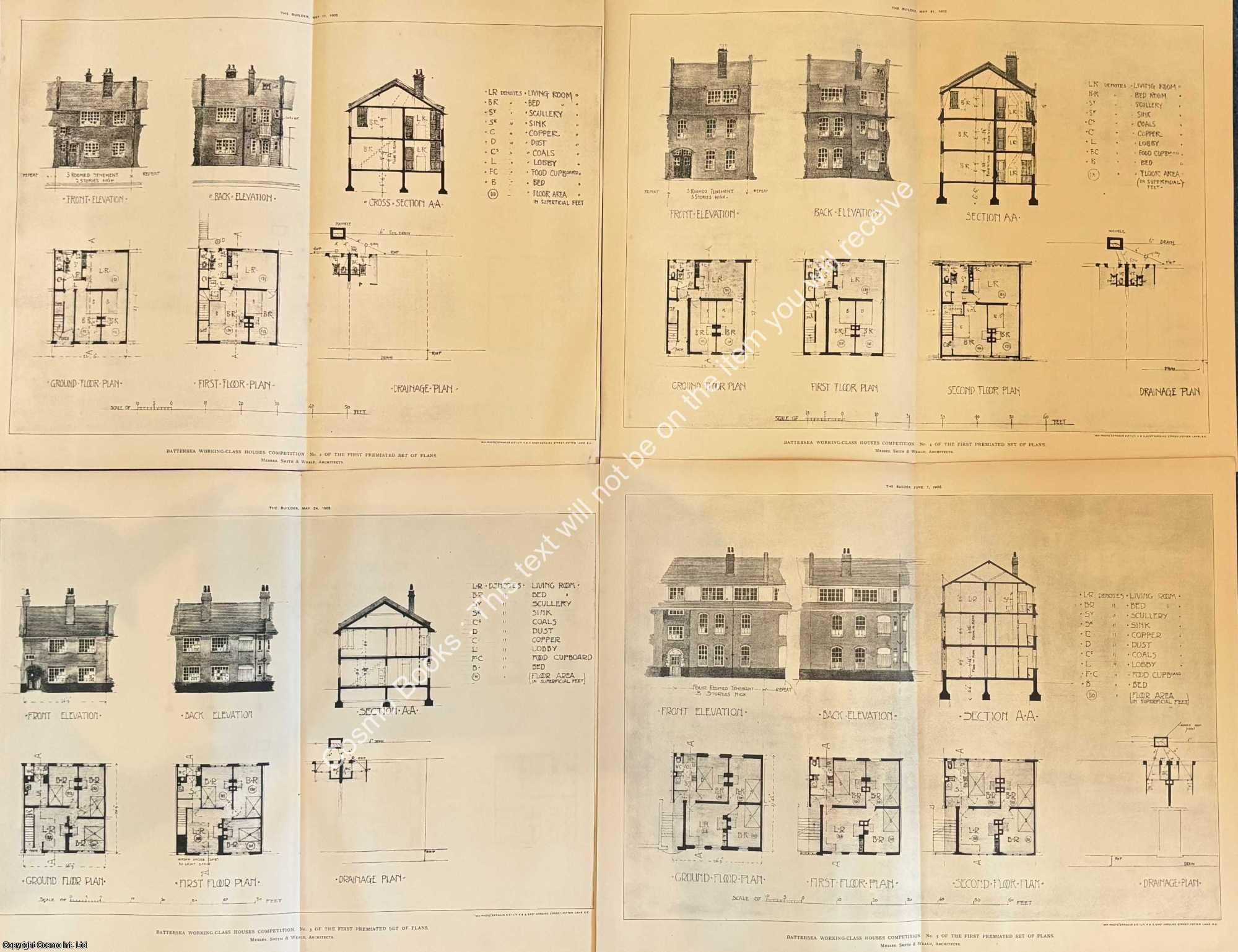 BATTERSEA HOUSES - 1908 : Battersea Working Class Houses Competition, No. 2, 3, 4 and 5. Messrs. Smith and Weald, Architects. An original page from The Building News & Engineering Journal.