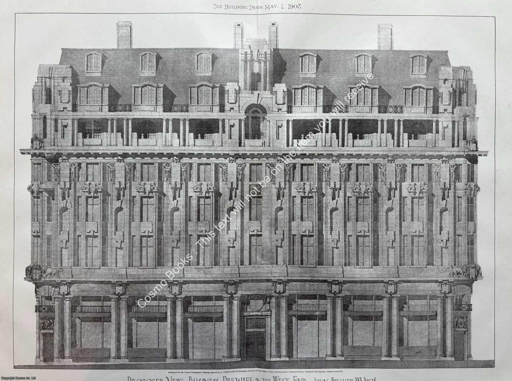 BUSINESS PREMISES IN THE WEST END - 1908 : Business Premises in The West End, John Belcher, Architect. An original page from The Building News & Engineering Journal.