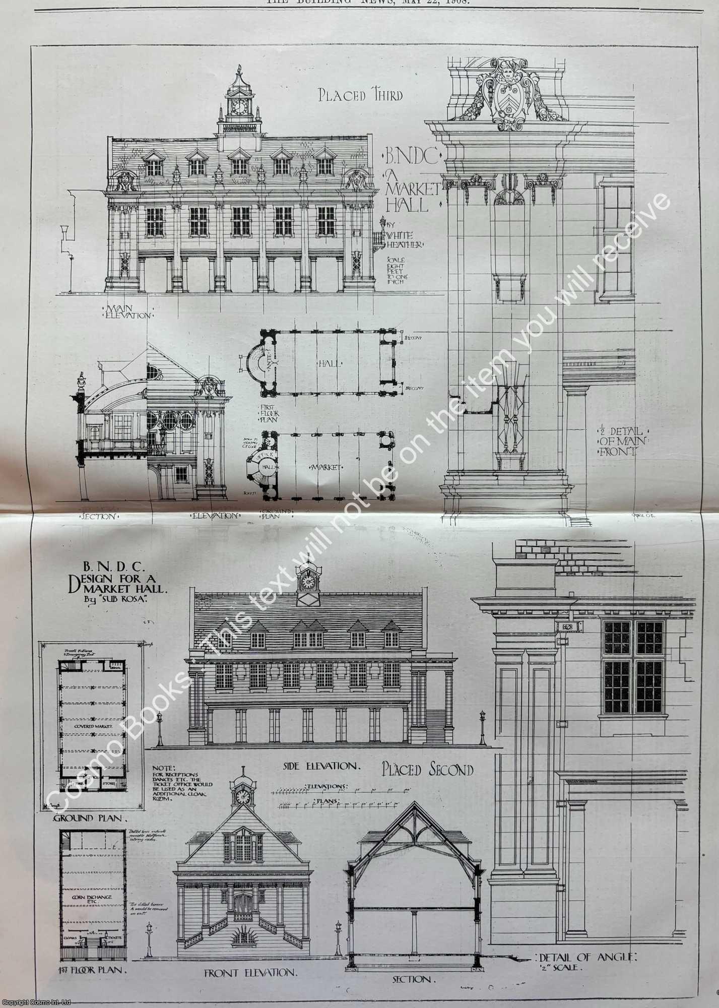 MARKET HALL - 1908 : A Market Hall. An original page from The Building News & Engineering Journal.