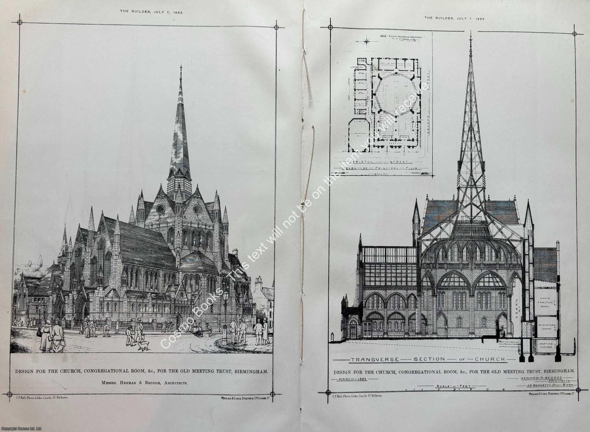 CONGREGATIONAL CHURCH, BIRMINGHAM - 1908 : Congregational Church, Birmingham. Messrs. Hanman and Beddoe, Architects. An original page from The Building News & Engineering Journal.
