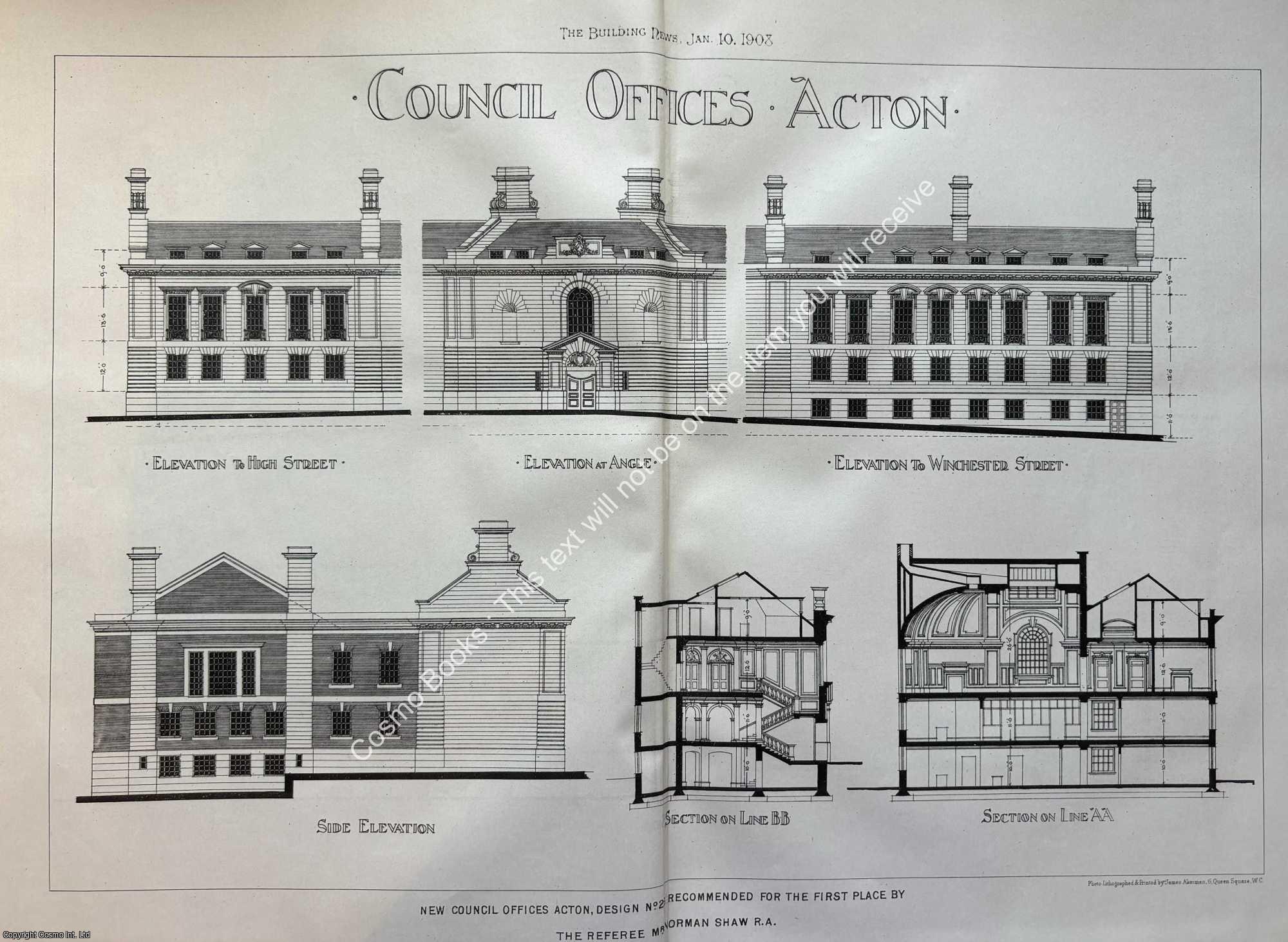 COUNCIL OFFICES, ACTON - 1908 : Council Offices, Acton Designs. An original page from The Building News & Engineering Journal.