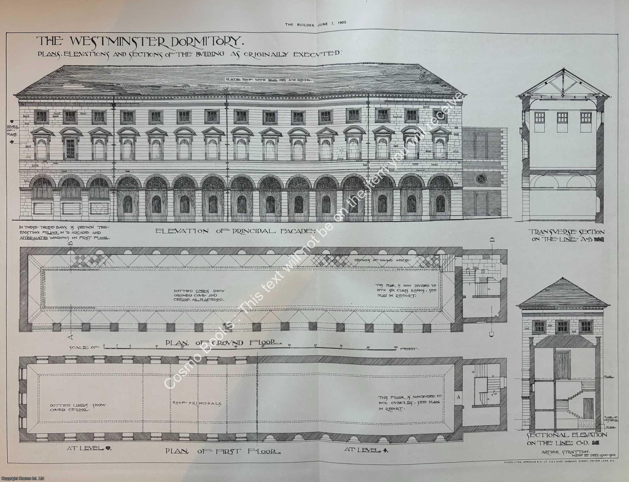 WESTMINSTER DORMITORY - 1908 : The Westminster Dormitory. Plans, Elevations and Sections of The Building. An original page from The Building News & Engineering Journal.