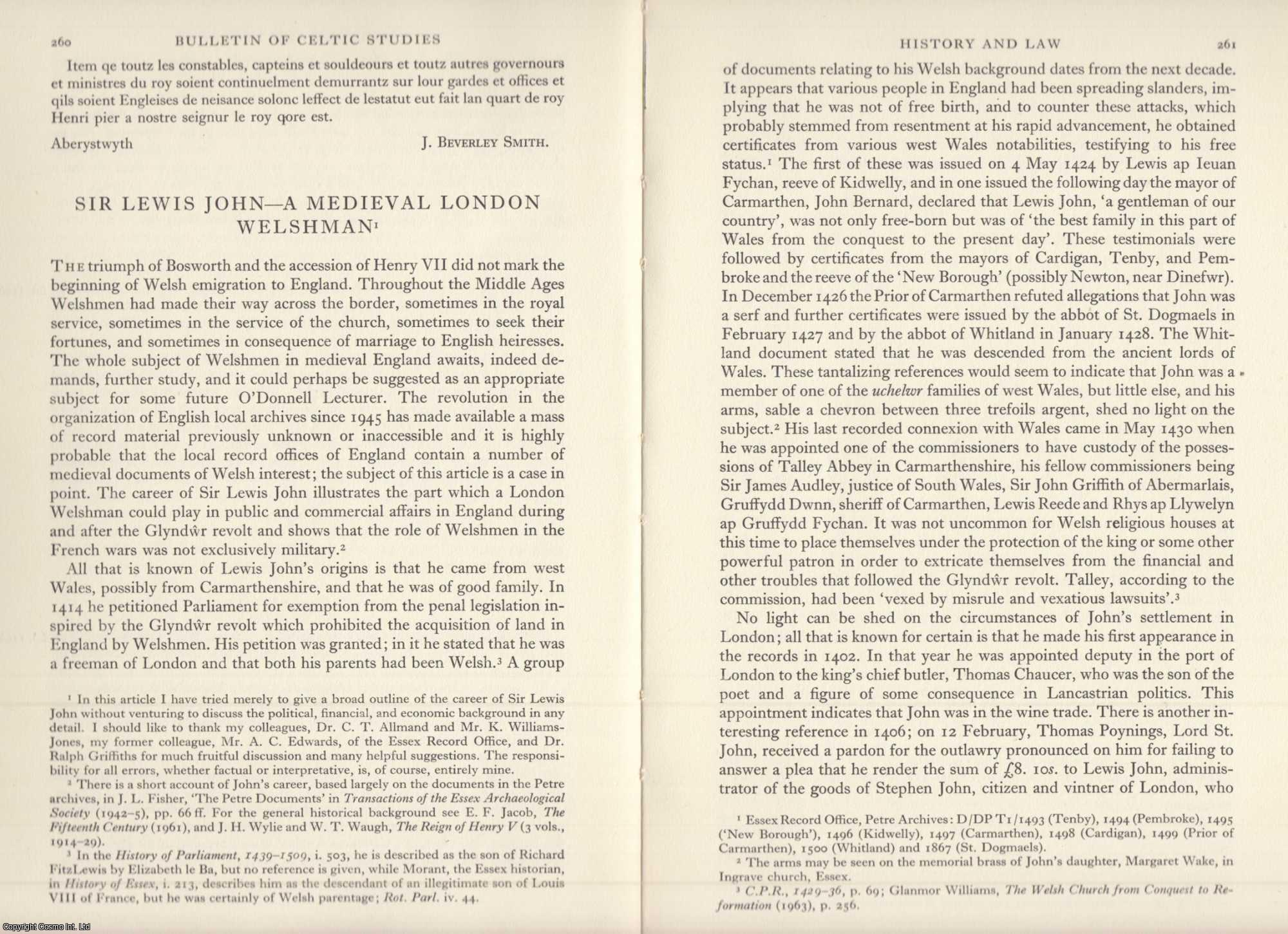 A. D. Carr - Sir Lewis John - A Mediaeval London Welshman. An original article from the Bulletin of The Board of Celtic Studies, 1967.