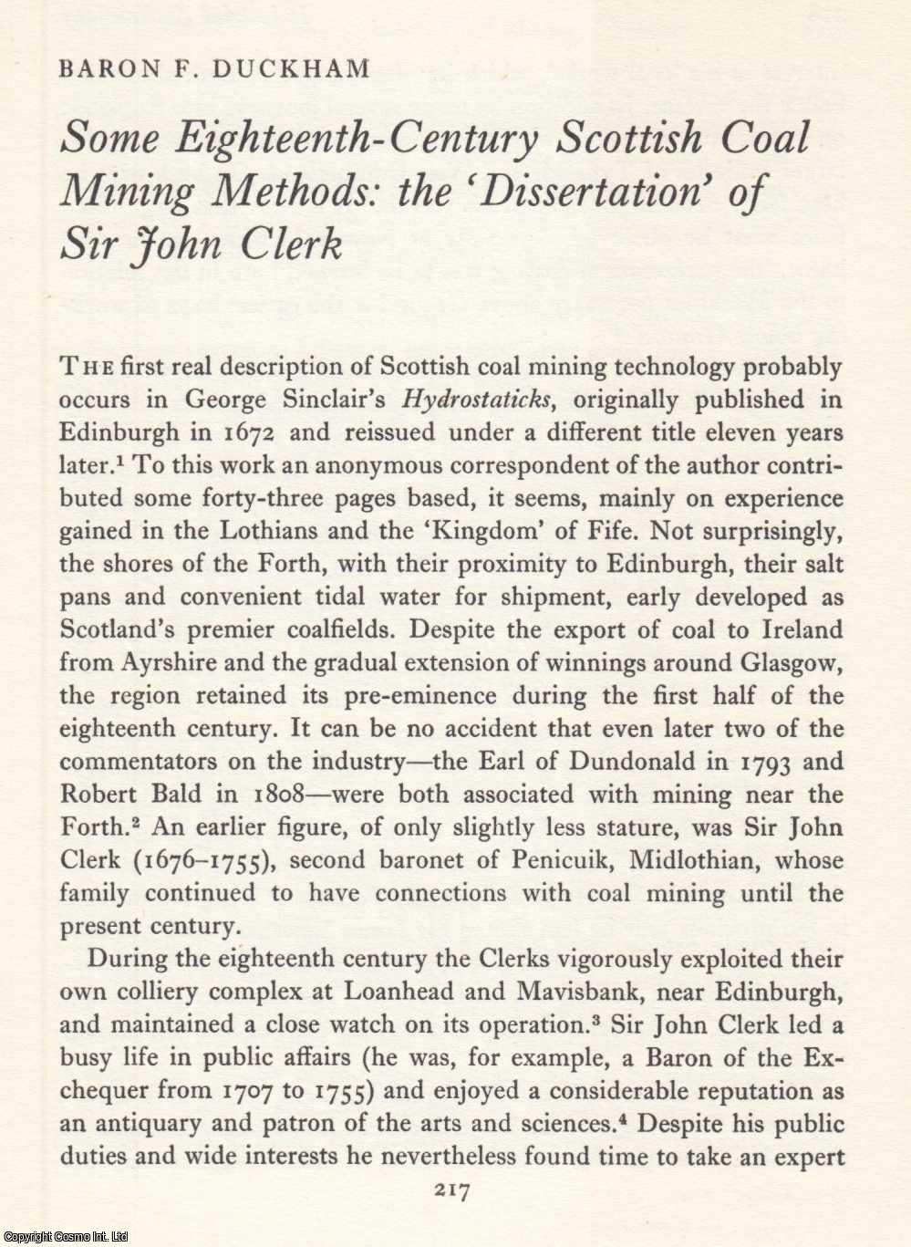 Baron F. Duckham - Scottish Coal Mining Methods in The Eighteenth Century. The Dissertation of Sir John Clerk. An original article from the Journal of Industrial Archaeology, 1968.