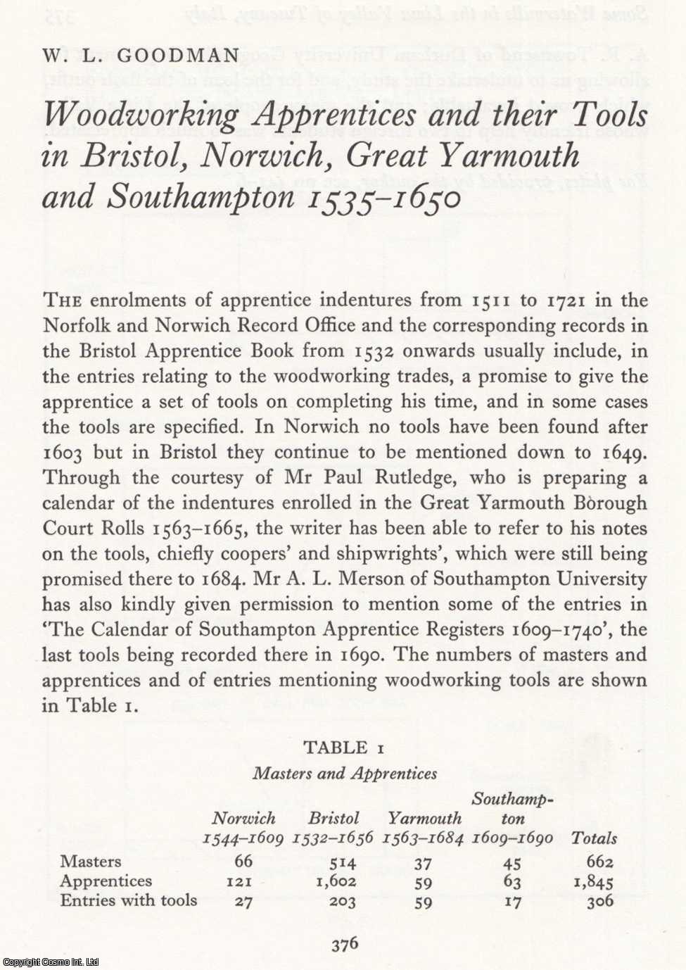 W. L . Goodman - Bristol, Norwich, Great Yarmouth and Southampton Woodworking Apprentices and their Tools, 1535-1650. An original article from the Journal of Industrial Archaeology, 1972.