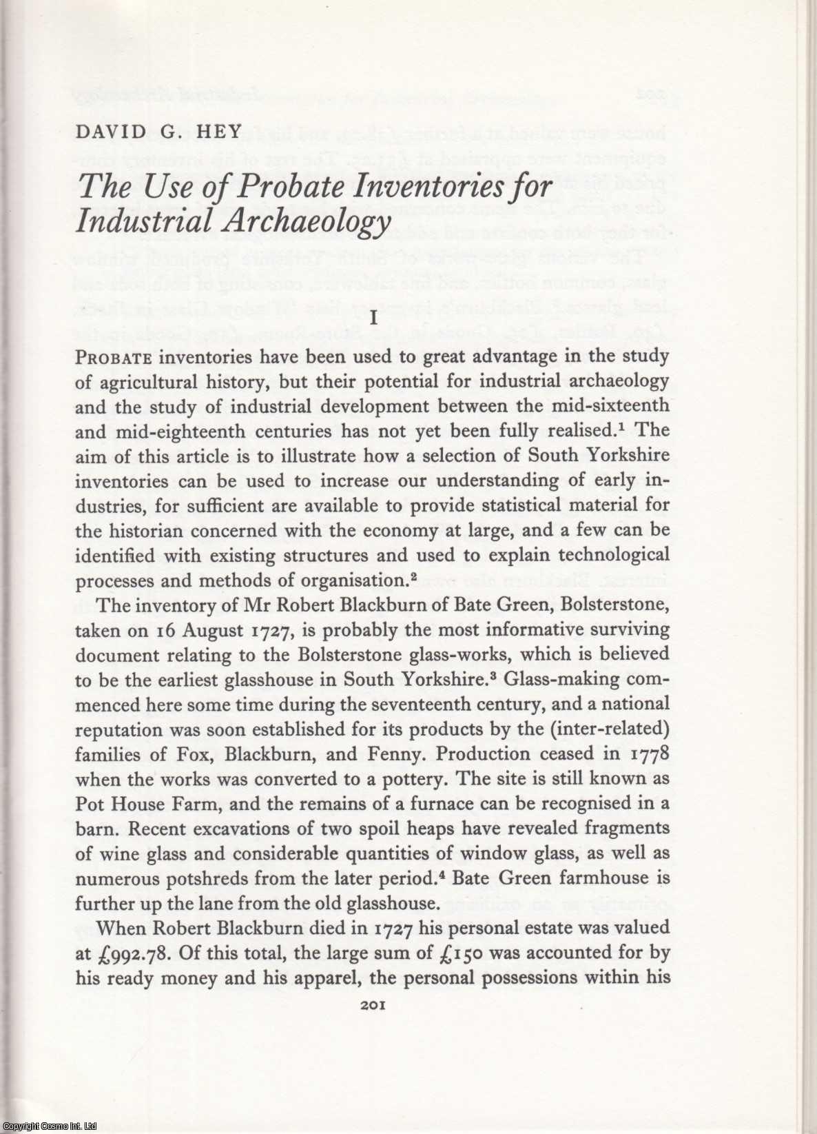 David G. Hey - The Use of Probate Inventories for Industrial Archaeology. An original article from the Industrial Archaeology Journal, 1973.