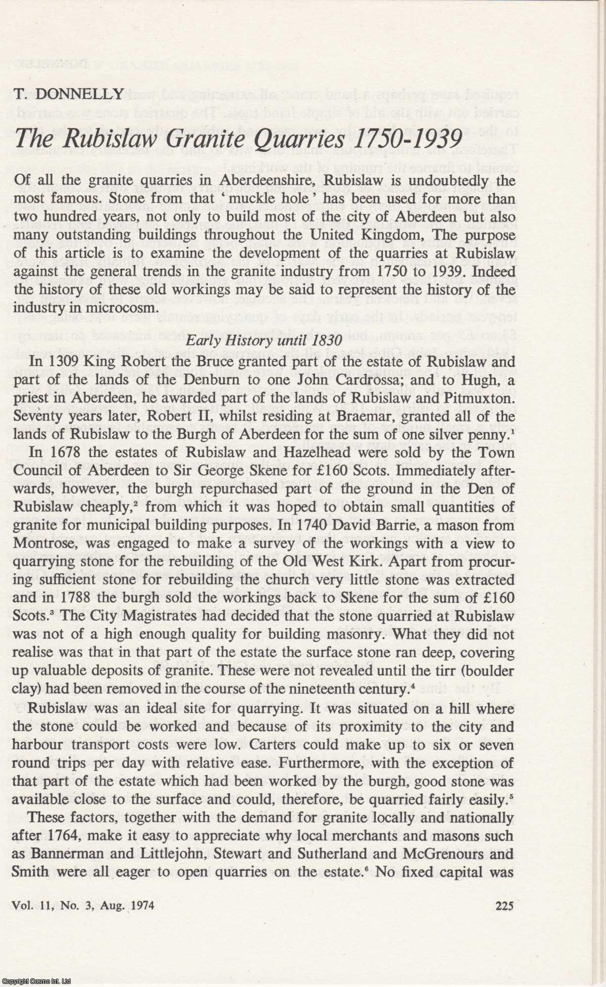 T. Donnelly - The Rubislaw Granite Quarries 1750-1939. An original article from the Industrial Archaeology Journal, 1974.