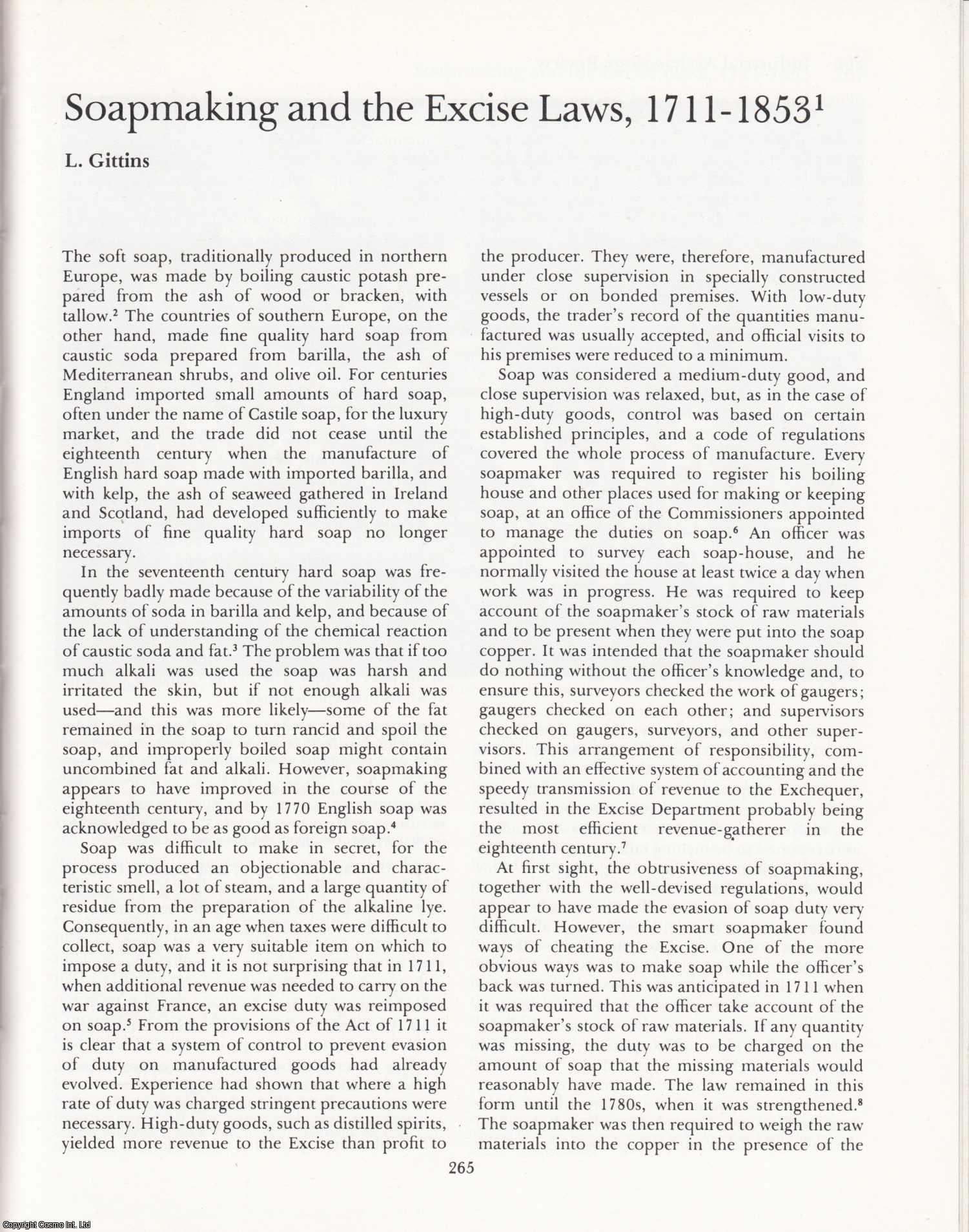 L. Gittins - Soapmaking and The Excise Laws, 1711-1853. An original article from the Industrial Archaeology Journal, 1977.