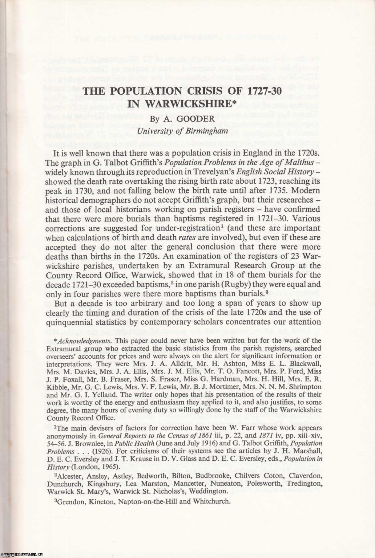 A. Gooder - Warwickshire Population Crisis of 1727-30. An original article from the Midland History Journal, 1972.