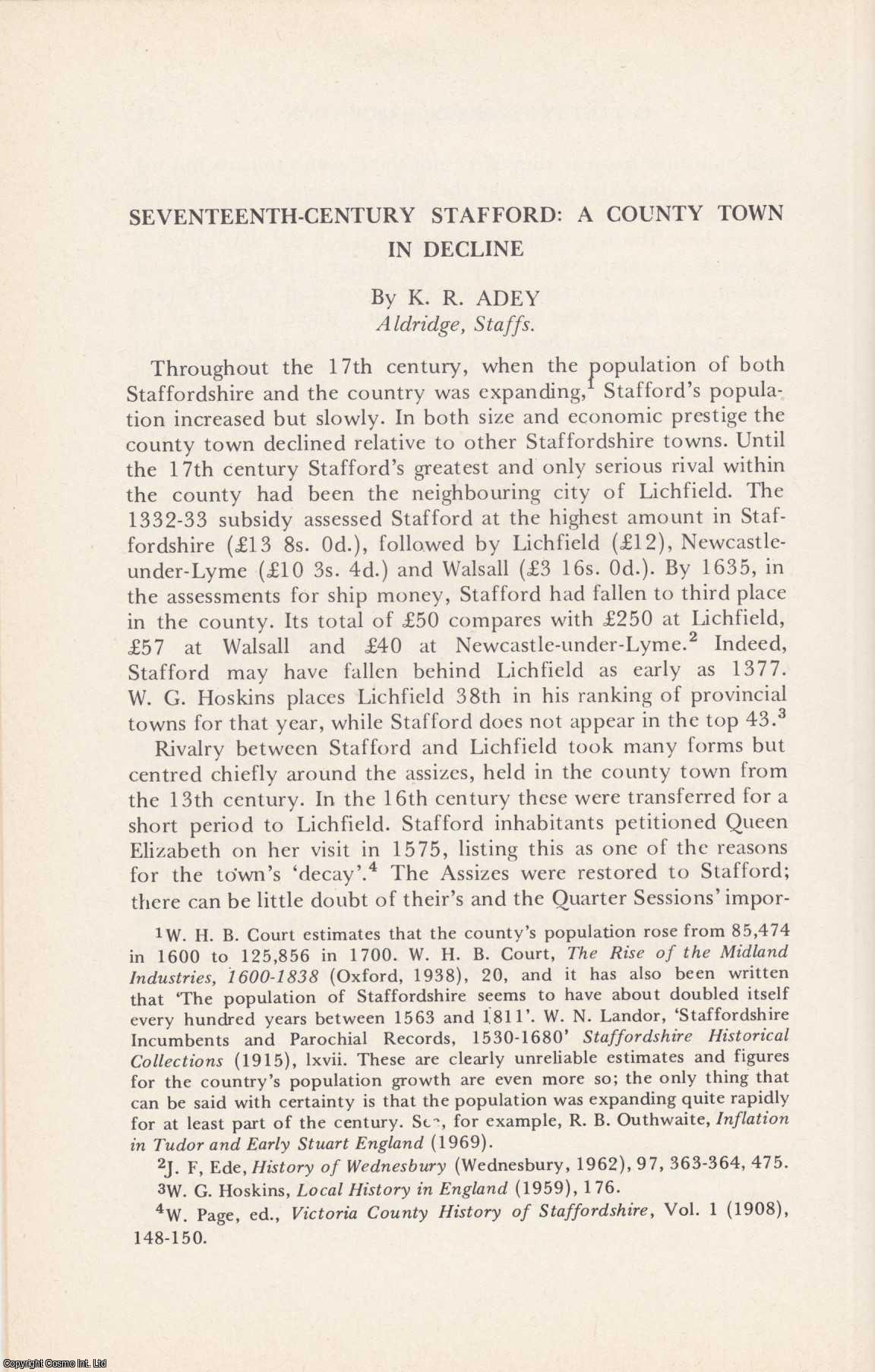 K. R. Adey - Seventeenth Century Stafford: A County Town in Decline. An original article from the Midland History Journal, 1974.