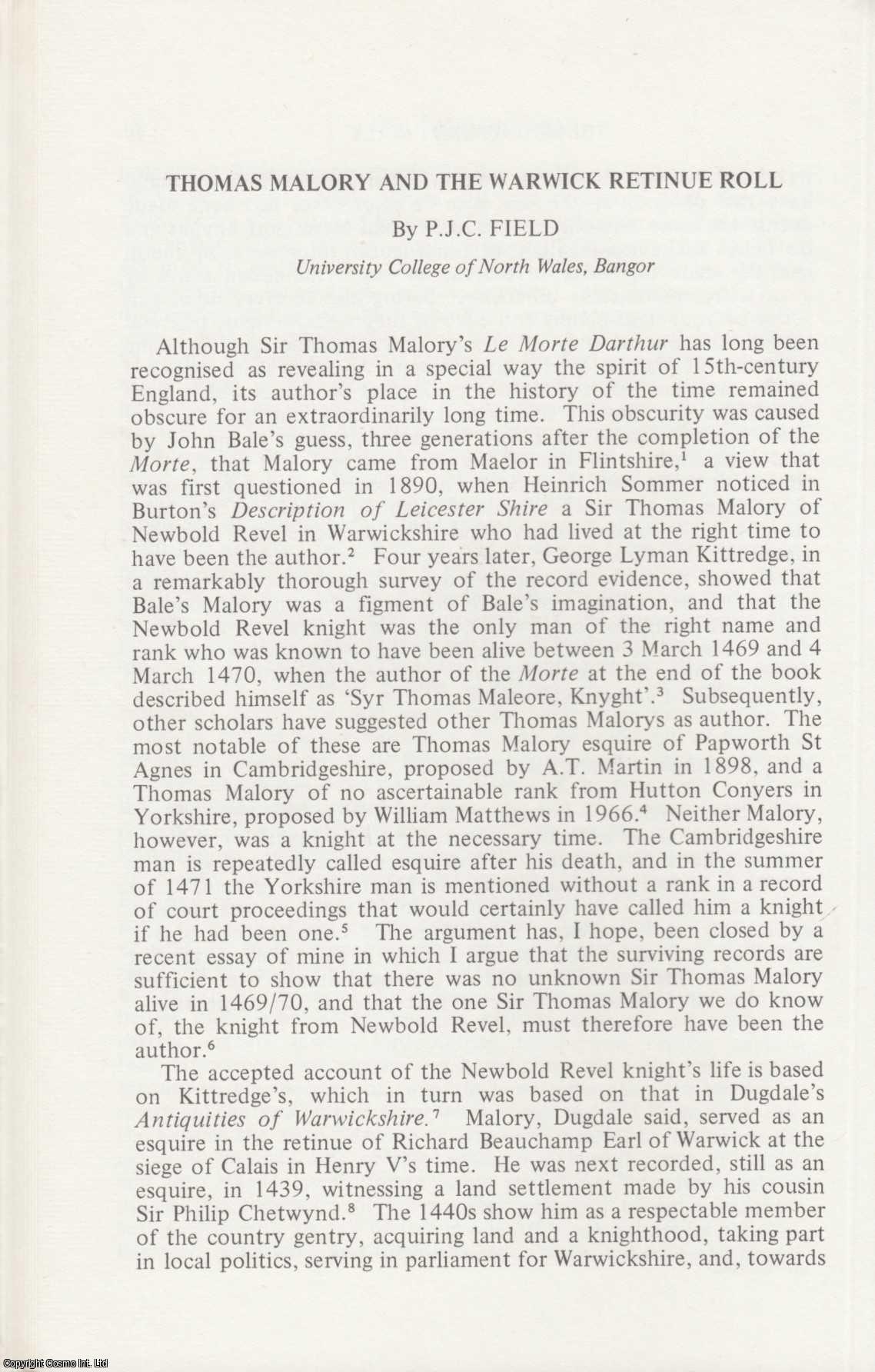 P. J. C. Field - Thomas Malory and The Warwick Retinue Roll. An original article from the Midland History Journal, 1980.