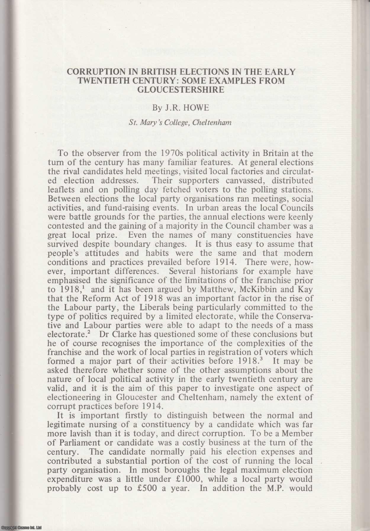 J. R. Howe - Gloucestershire Examples of Corruption in British Elections in The Early Twentieth Century. An original article from the Midland History Journal, 1980.