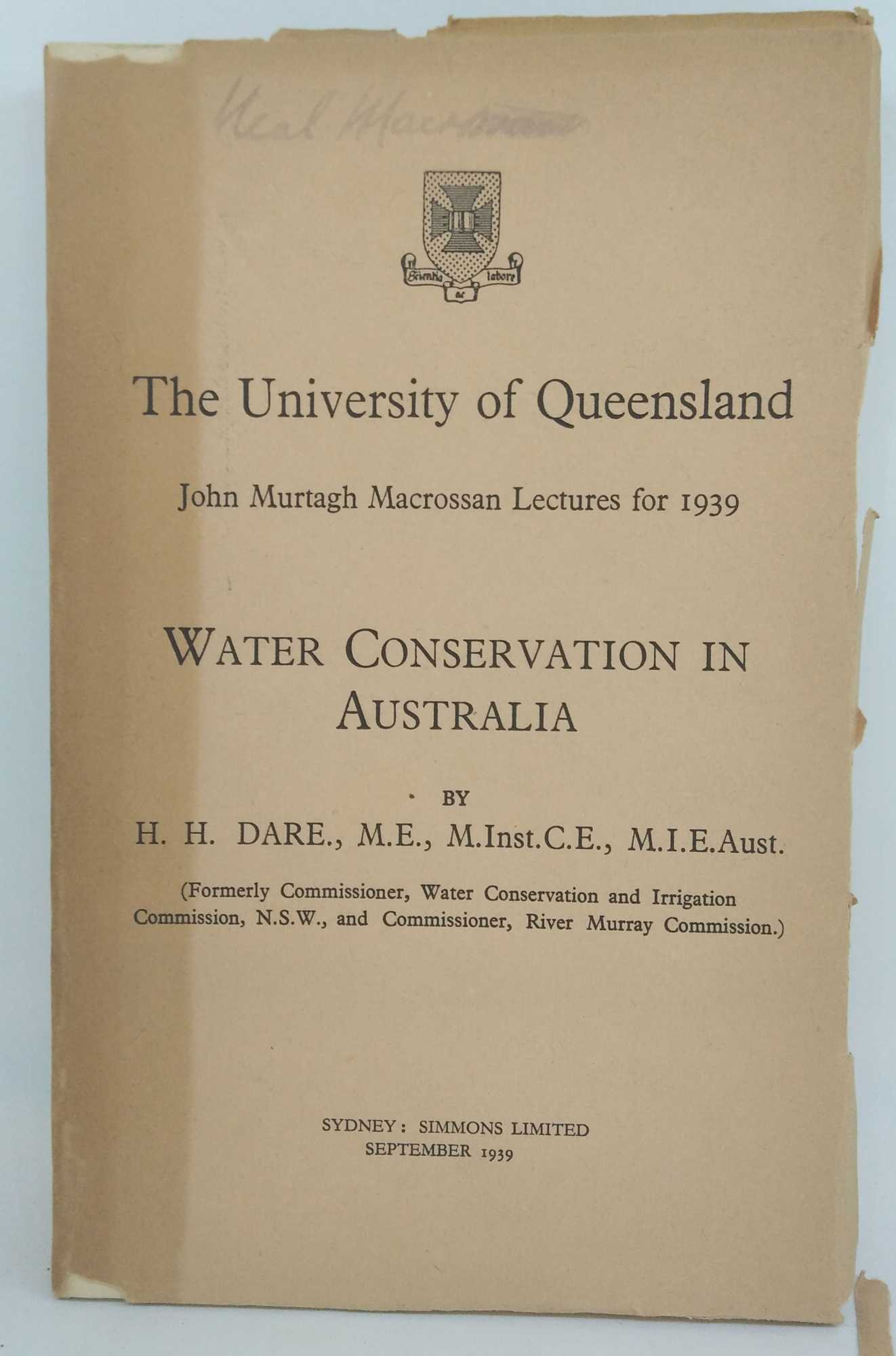 H. H. Dare - Water Conservation in Australia