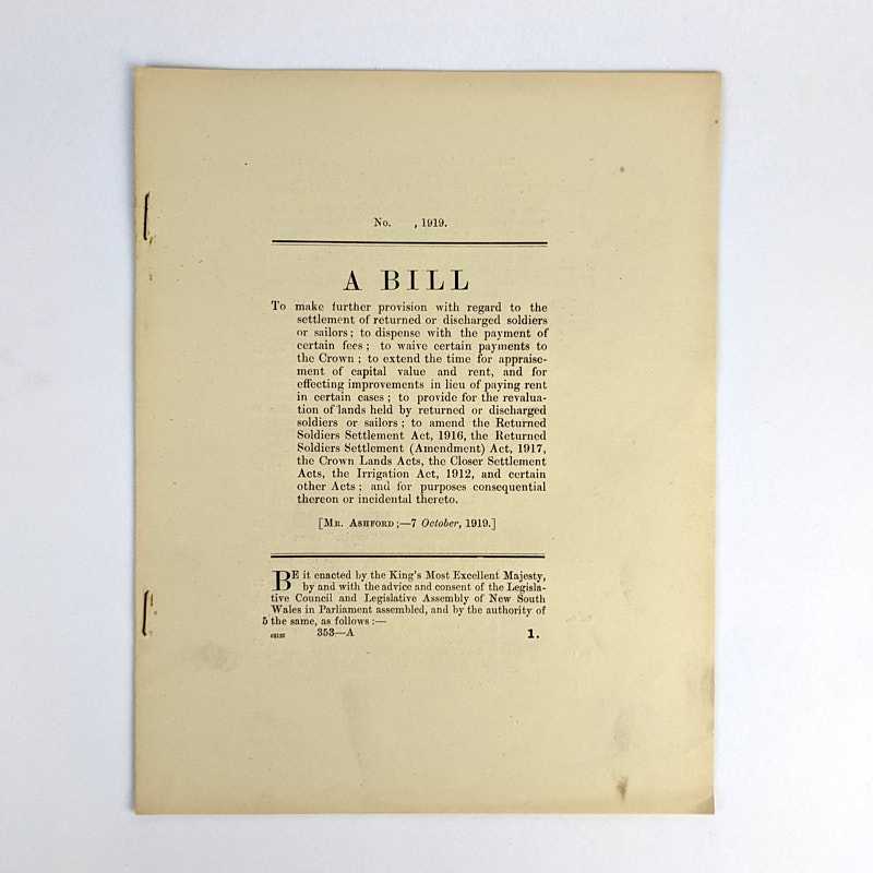 Mr. Ashford - A Bill (Returned Soldiers Settlement (Amendment) Act, 1919)